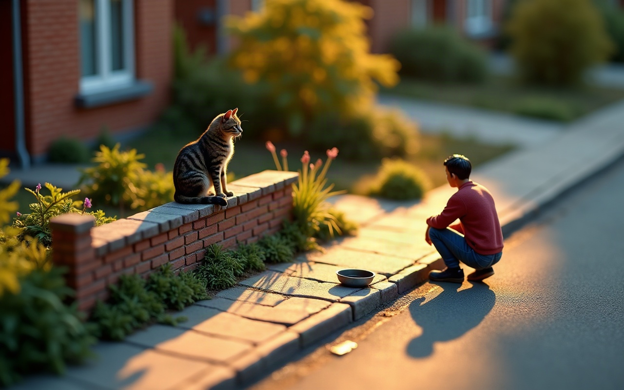 Maquete isométrica de uma rua residencial ao entardecer: um gato malhado sentado tranquilo em cima de um muro baixo de tijolos, um potinho de água no chão da calçada e um adulto agachado a alguns passos de distância, com as mãos nos joelhos, observando sem tentar pegá-lo