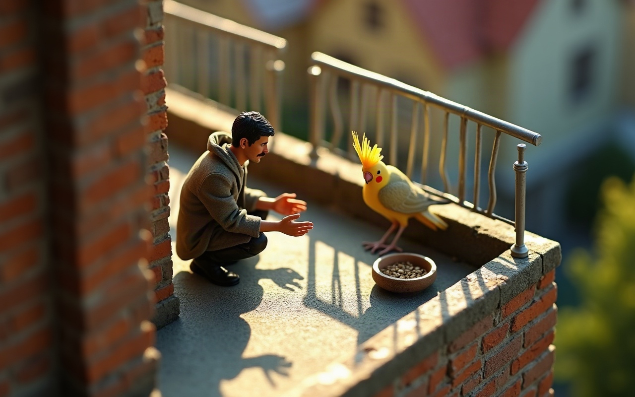 Maquete de uma varanda de tijolos ao fim da tarde: um homem agachado estende as duas mãos abertas, devagar, para uma calopsita amarela de crista erguida, parada ao lado de um pote de sementes