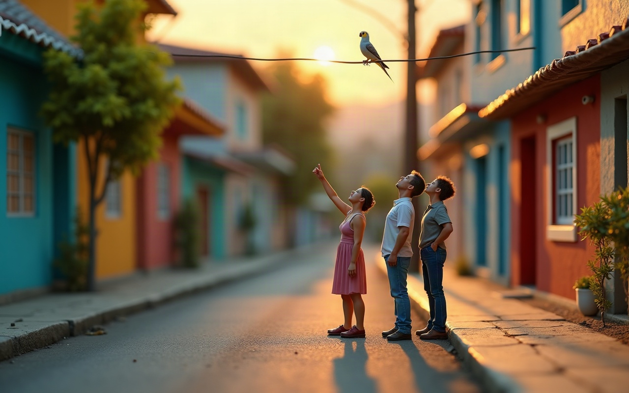 Maquete de uma rua de casas coloridas ao pôr do sol: três pessoas paradas na rua, com a cabeça inclinada para trás, olham para cima, e uma delas aponta para uma calopsita cinza de crista amarela pousada num fio da rede elétrica