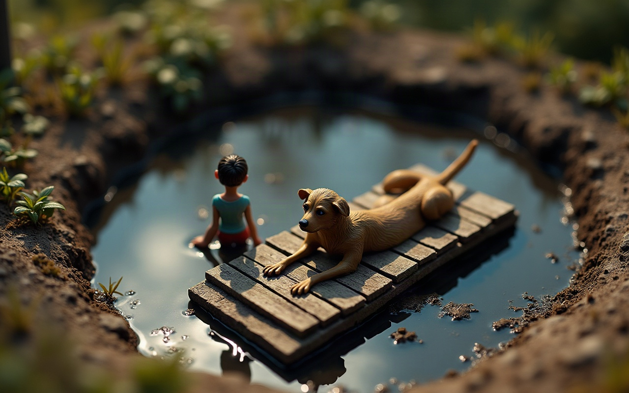 Ilustração isométrica de um piscinão de lama cercado de vegetação, com um cachorro deitado sobre uma pequena ponte de tábuas de madeira apoiada na água, enquanto uma pessoa entra na água ao lado da ponte para se aproximar do animal