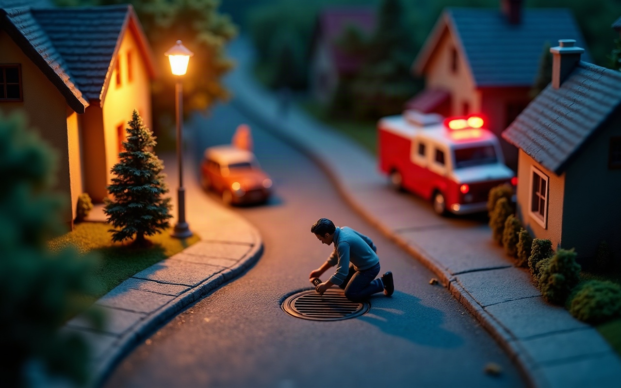 Ilustração isométrica de uma rua residencial à noite, com um adulto ajoelhado junto à grade de um bueiro, checando o local sem descer, enquanto um caminhão do Corpo de Bombeiros com luzes vermelhas acesas se aproxima pela rua