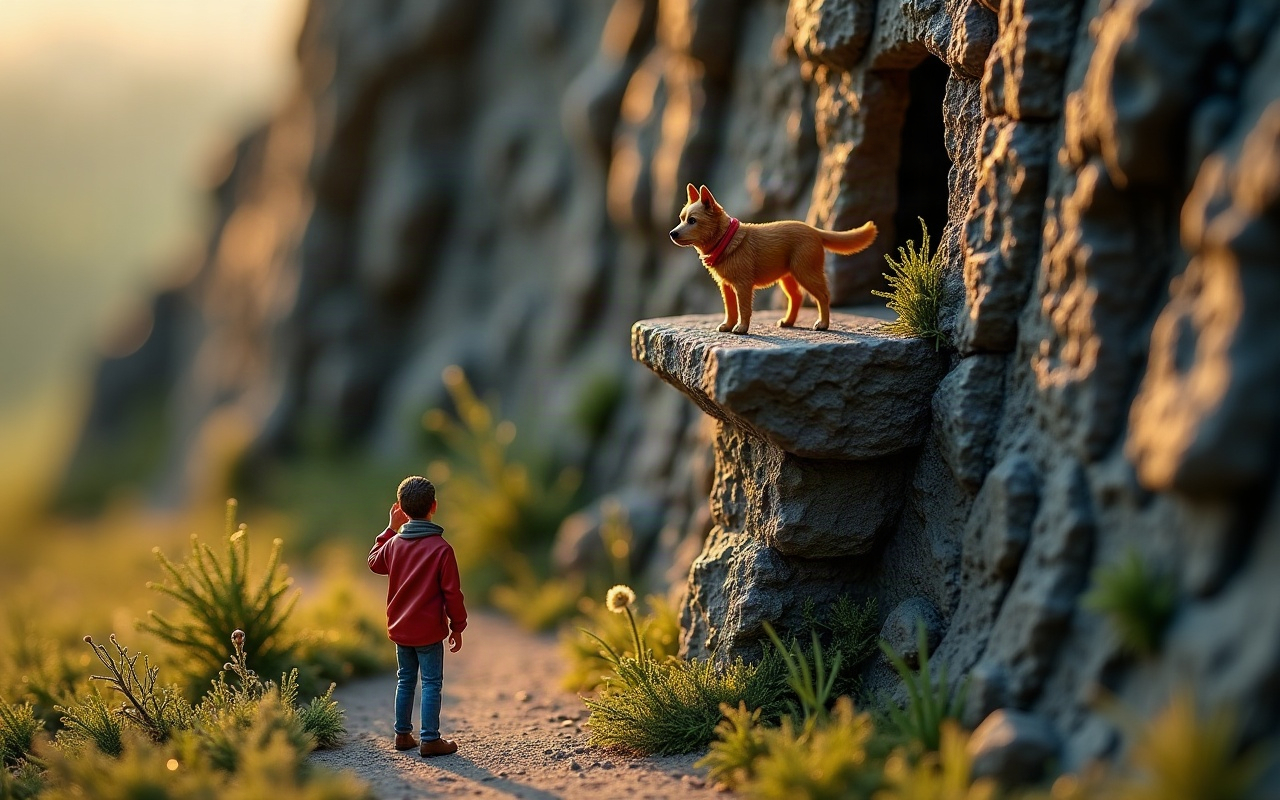 Maquete de um paredão de rocha ao entardecer: um cachorro marrom de coleira vermelha parado numa saliência estreita, bem acima de um homem de jaqueta vermelha que, de costas, olha para cima com a mão junto da orelha