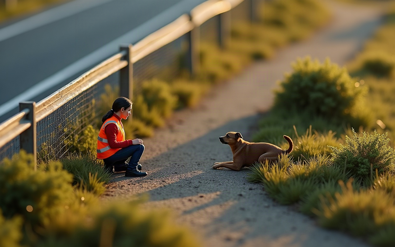Maquete de uma mulher de colete refletivo agachada numa trilha do lado de dentro da cerca de uma rodovia, olhando com calma para um cachorro deitado a alguns metros dela
