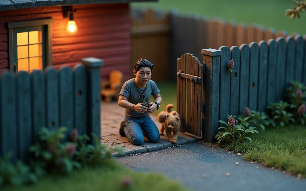 Maquete isométrica de um adulto ajoelhado num quintal residencial ao anoitecer, segurando uma coleira arrebentada, enquanto um cachorro sai correndo por um portão de madeira entreaberto ao lado dele