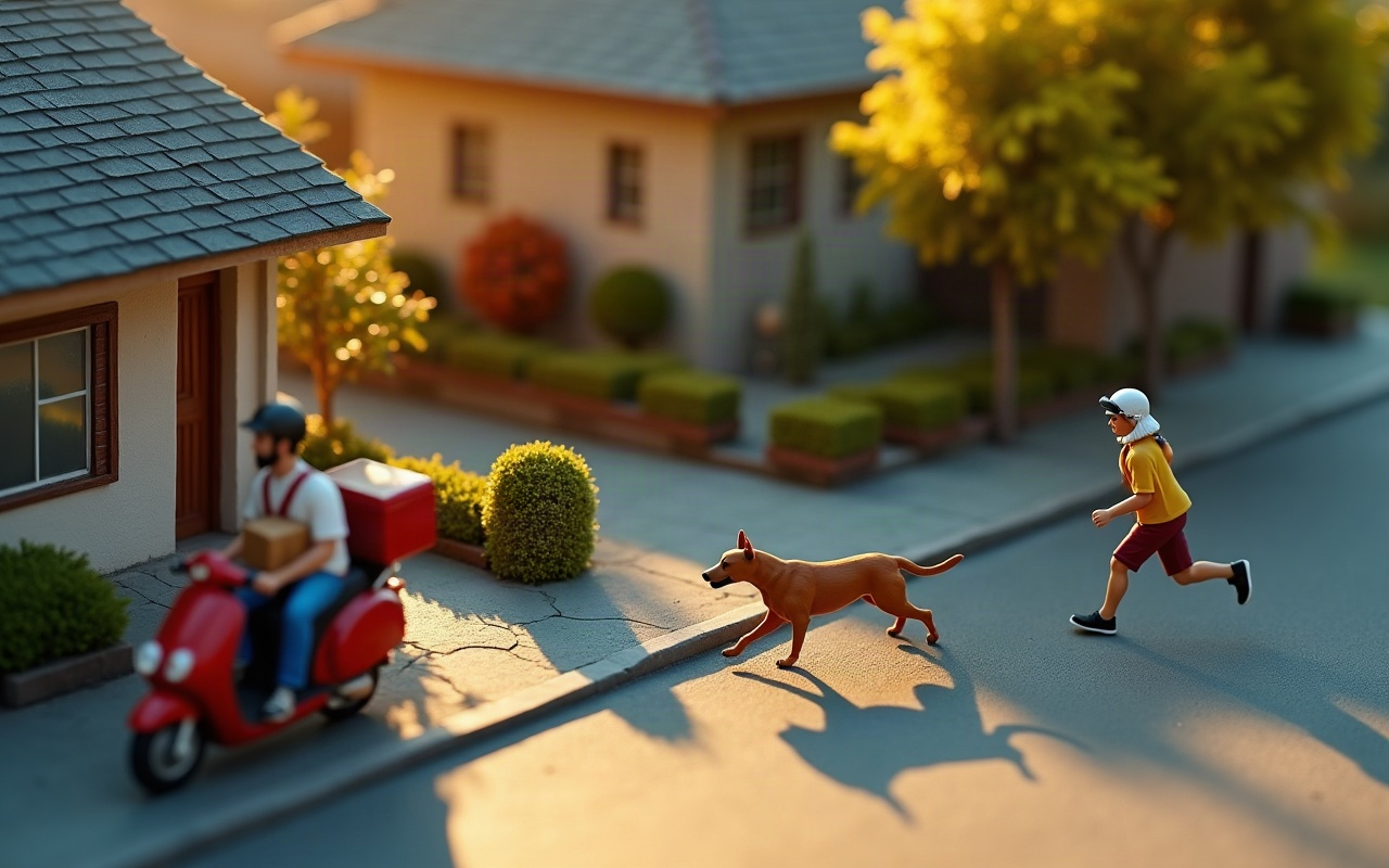 Ilustração isométrica de um entregador de moto parado com a encomenda na mão enquanto um cachorro corre pela calçada e o tutor sai correndo atrás dele