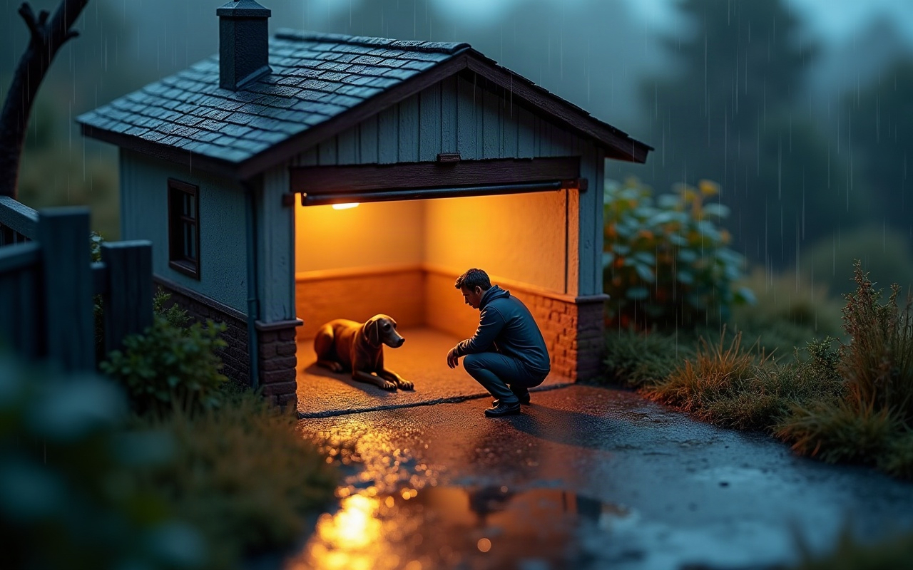 Cena de maquete de uma casa sob chuva forte à noite, com um cachorro molhado deitado no canto seco de uma garagem aberta e iluminada, e um homem adulto agachado na entrada da garagem, debaixo da chuva, olhando para o animal