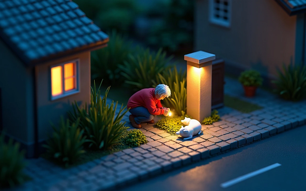Ilustração isométrica de uma pessoa adulta de cabelos brancos agachada na calçada de uma rua residencial à noite, com uma lanterna apontada para o chão, ao lado de um cachorro branco e velho deitado encolhido junto ao pilar do portão, entre a vegetação e o muro