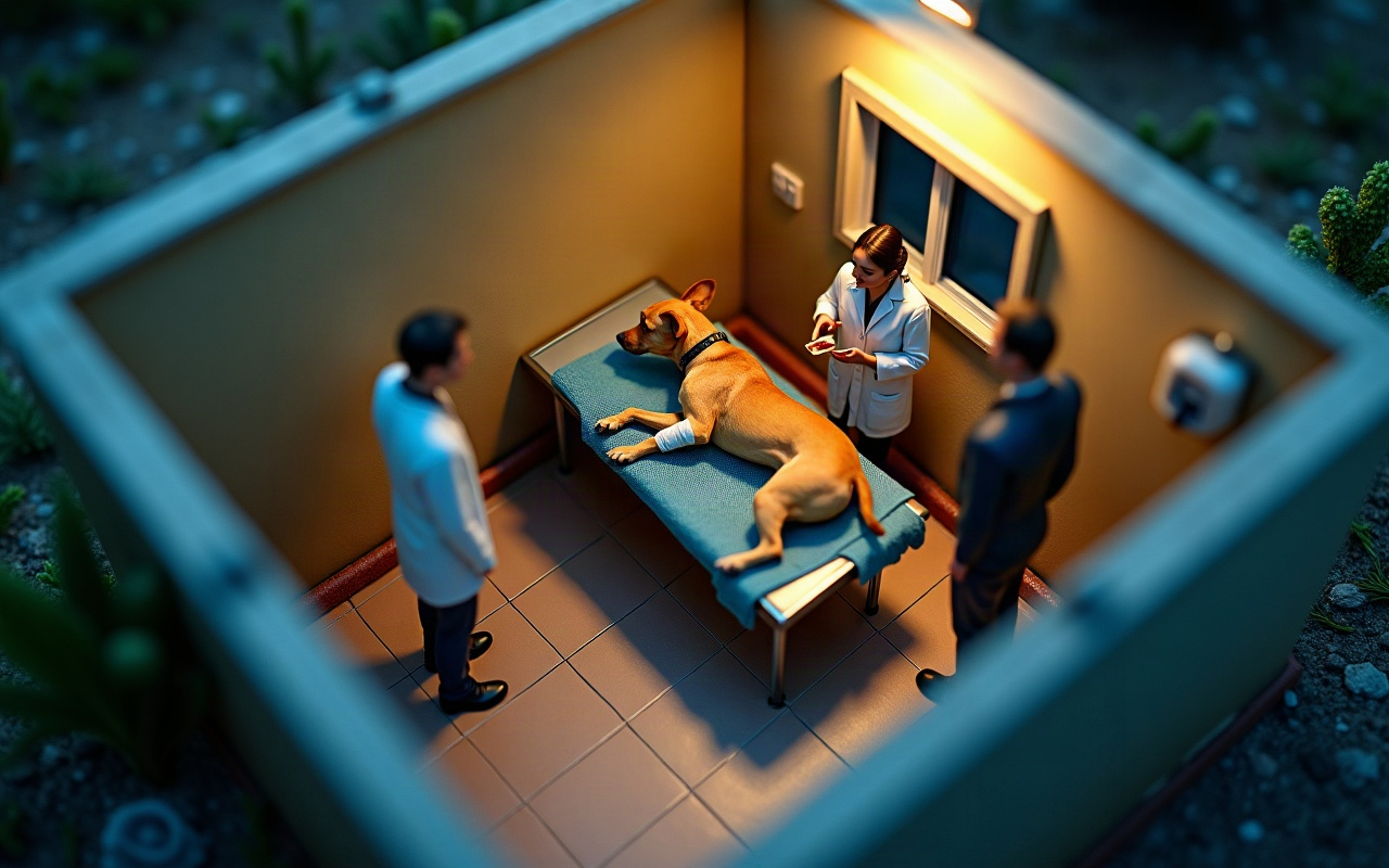 Maquete isométrica de uma sala de atendimento veterinário à noite, vista de cima, com um cão caramelo vivo e atento deitado na mesa de exame, a pata dianteira enfaixada, uma veterinária ao lado e dois homens observando