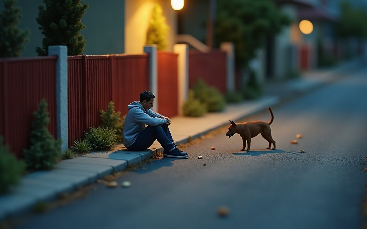Cena de maquete de uma rua residencial ao anoitecer, com um homem adulto sentado no meio-fio junto a um muro vermelho, de lado e de cabeça baixa, sem olhar para o cachorro marrom que está parado no asfalto a alguns metros, farejando pedaços de comida espalhados no chão entre os dois