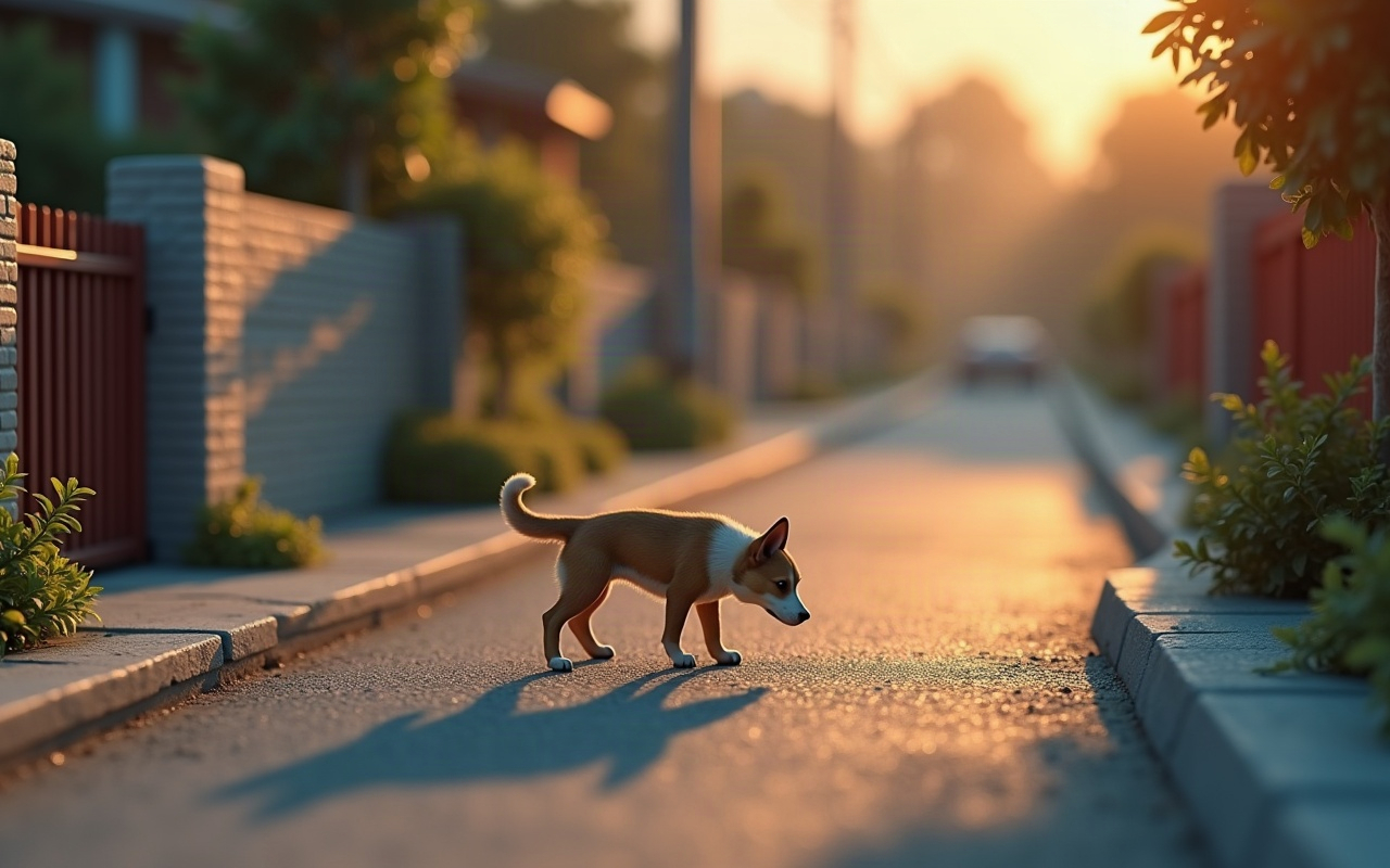 Cachorro sozinho na calçada ao entardecer com o focinho rente ao chão seguindo um rastro de cheiro, portão residencial ao fundo desfocado