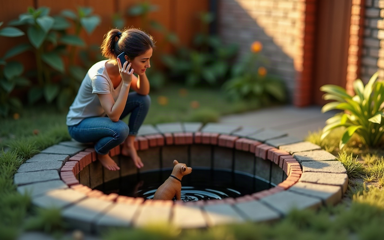 Mulher agachada na borda de uma cisterna de tijolos em um quintal, segurando o celular no ouvido e olhando para um filhote de cachorro no fundo do poço com água