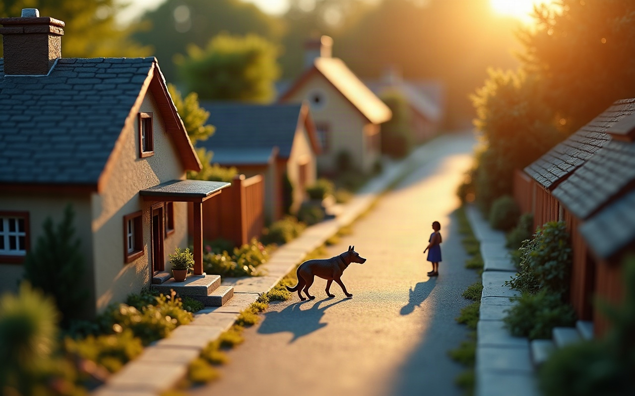 Maquete isométrica de uma rua de bairro residencial ao entardecer, com um cão sozinho farejando o chão em primeiro plano, bem à frente de uma tutora que aparece pequena e distante atrás dele, procurando