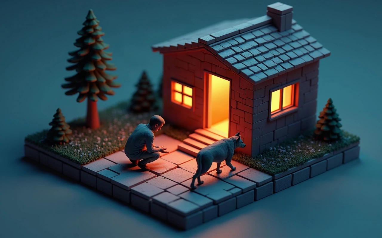 Ilustração isométrica de um homem adulto agachado no caminho de entrada de uma casa ao anoitecer, com a mão baixa e estendida, diante de um cachorro que caminha devagar em direção à porta aberta e iluminada