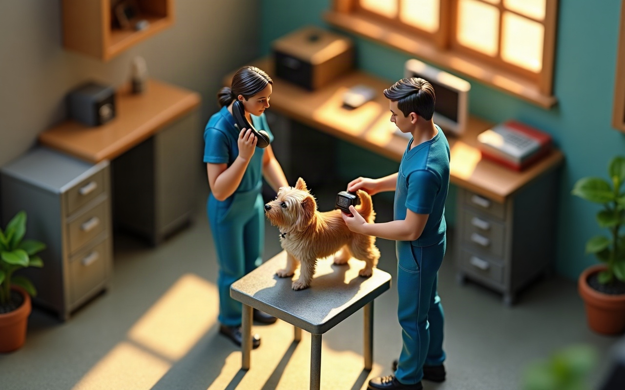 Maquete isométrica de uma sala de atendimento: um homem de uniforme azul passa um leitor nas costas de um cachorro pequeno de pelo claro em pé sobre uma mesa, enquanto uma mulher de uniforme azul fala ao telefone ao lado
