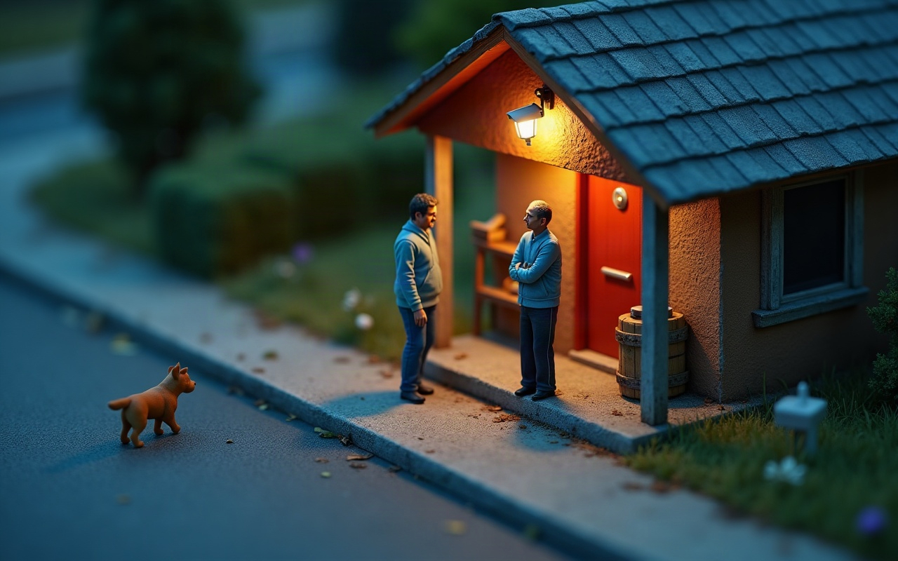 Maquete isométrica de dois homens adultos conversando na varanda de uma casa ao anoitecer, um deles com os braços cruzados diante de uma câmera de segurança visível sobre a porta, enquanto um cachorro sozinho caminha afastado, na rua em frente