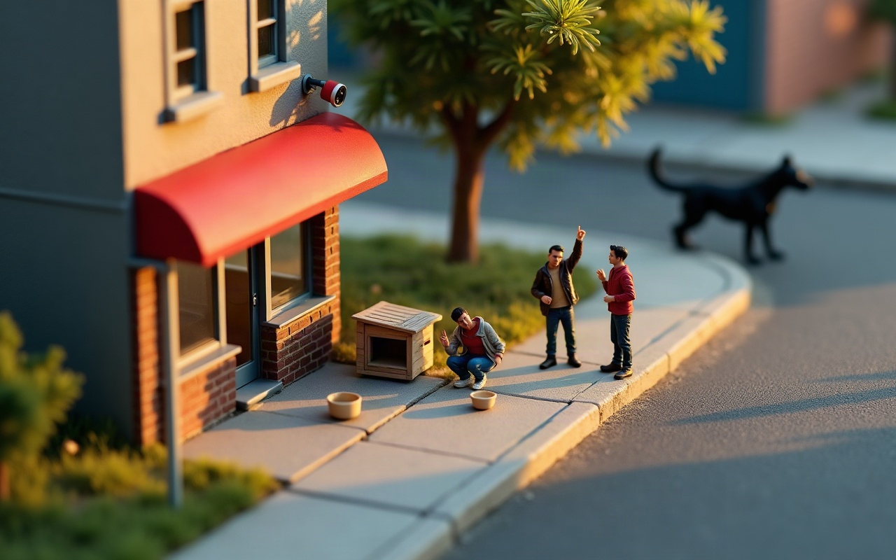 Maquete isométrica de uma calçada em frente a um comércio de toldo vermelho: três adultos ao redor de uma casinha de cachorro vazia e dois potes, um deles apontando para a câmera na parede, e um cão preto ao fundo, do outro lado da rua