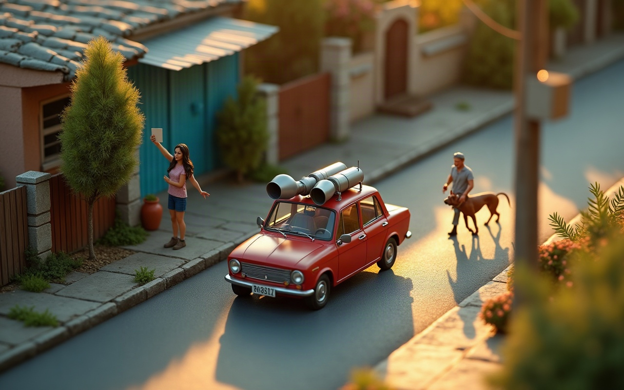 Maquete de uma rua residencial ao entardecer: um carro vermelho antigo com dois alto-falantes no teto passa devagar, uma mulher na calçada levanta um papel com a mão, e mais adiante um homem caminha ao lado de um cachorro marrom