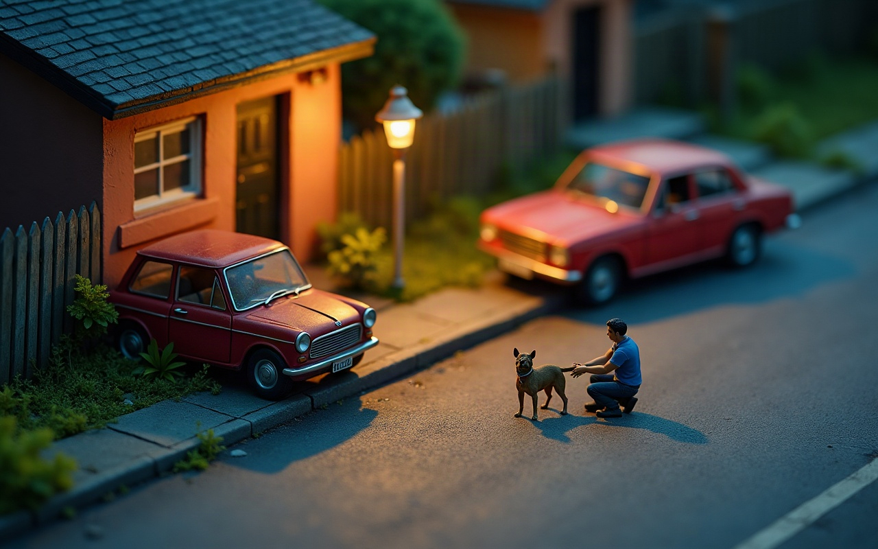 Cena em miniatura vista de cima, numa rua ao anoitecer: um homem agachado estende a mão devagar para um cachorro parado sozinho no asfalto, perto de dois carros estacionados em frente a uma casa de muro baixo