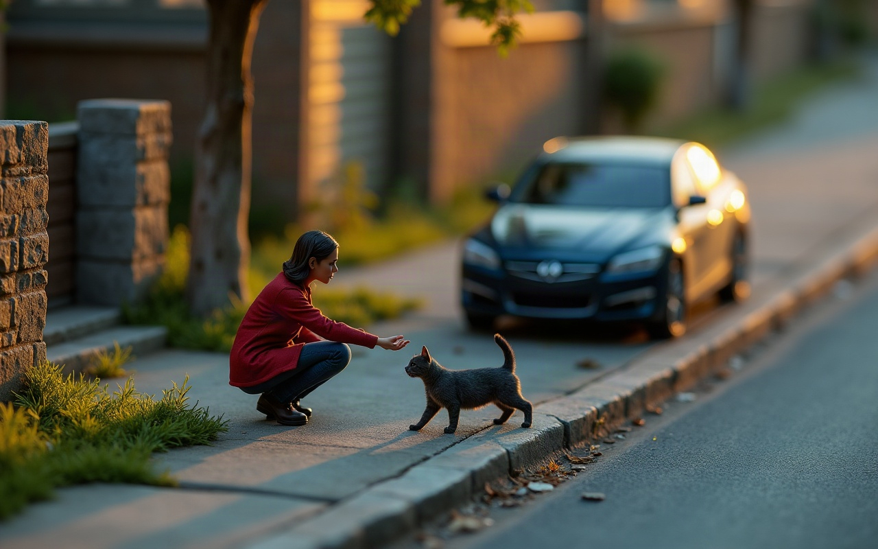 Cena em miniatura vista de cima, numa rua ao entardecer: uma mulher agachada estende a mão devagar para um gato cinza escuro parado na calçada, perto de um carro estacionado com os faróis acesos, ao lado de um muro de pedra
