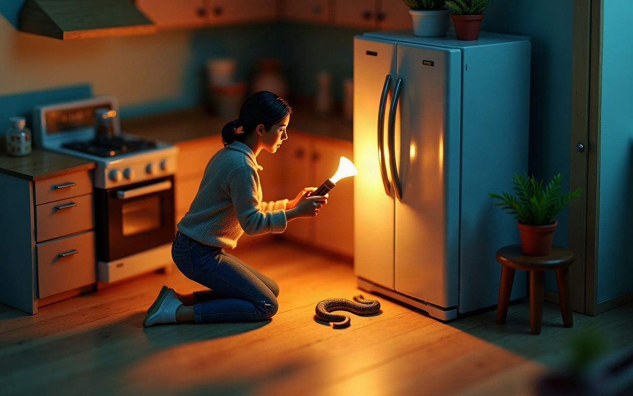 Mulher adulta ajoelhada na cozinha à noite usando lanterna atrás da geladeira, com uma cobra enrolada visível no chão próximo ao eletrodoméstico
