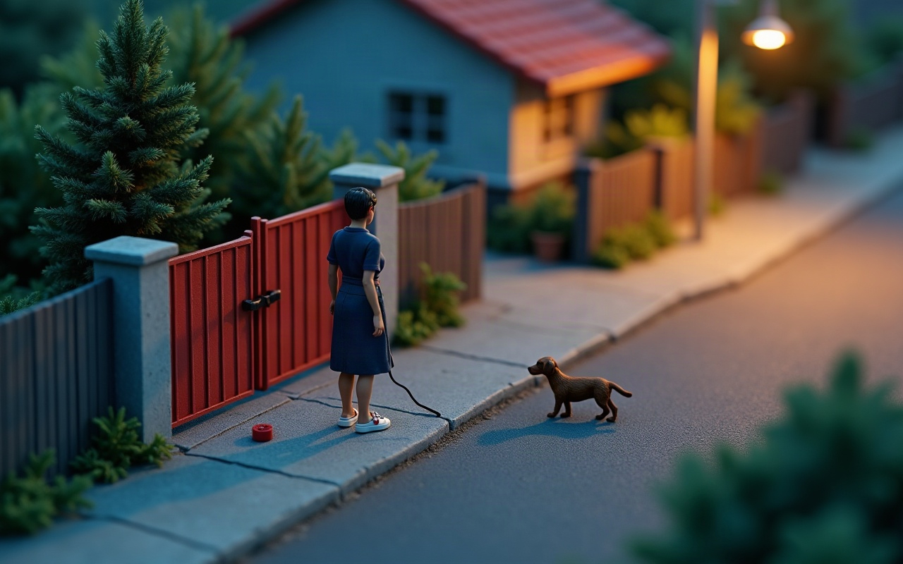 Cena de maquete de uma calçada ao anoitecer, vista de cima, com uma mulher adulta de costas parada diante de um portão vermelho aberto, segurando uma guia solta e vazia, uma coleira vermelha com um rastreador redondo caída no chão perto do pé dela, e um cachorro marrom sem coleira no pescoço já no asfalto, se afastando