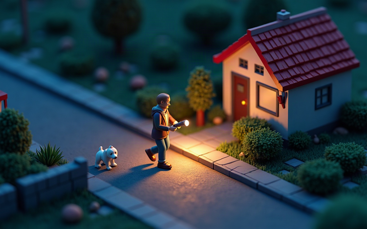 Ilustração isométrica de um tutor com lanterna procurando seu cachorro branco numa rua residencial ao anoitecer