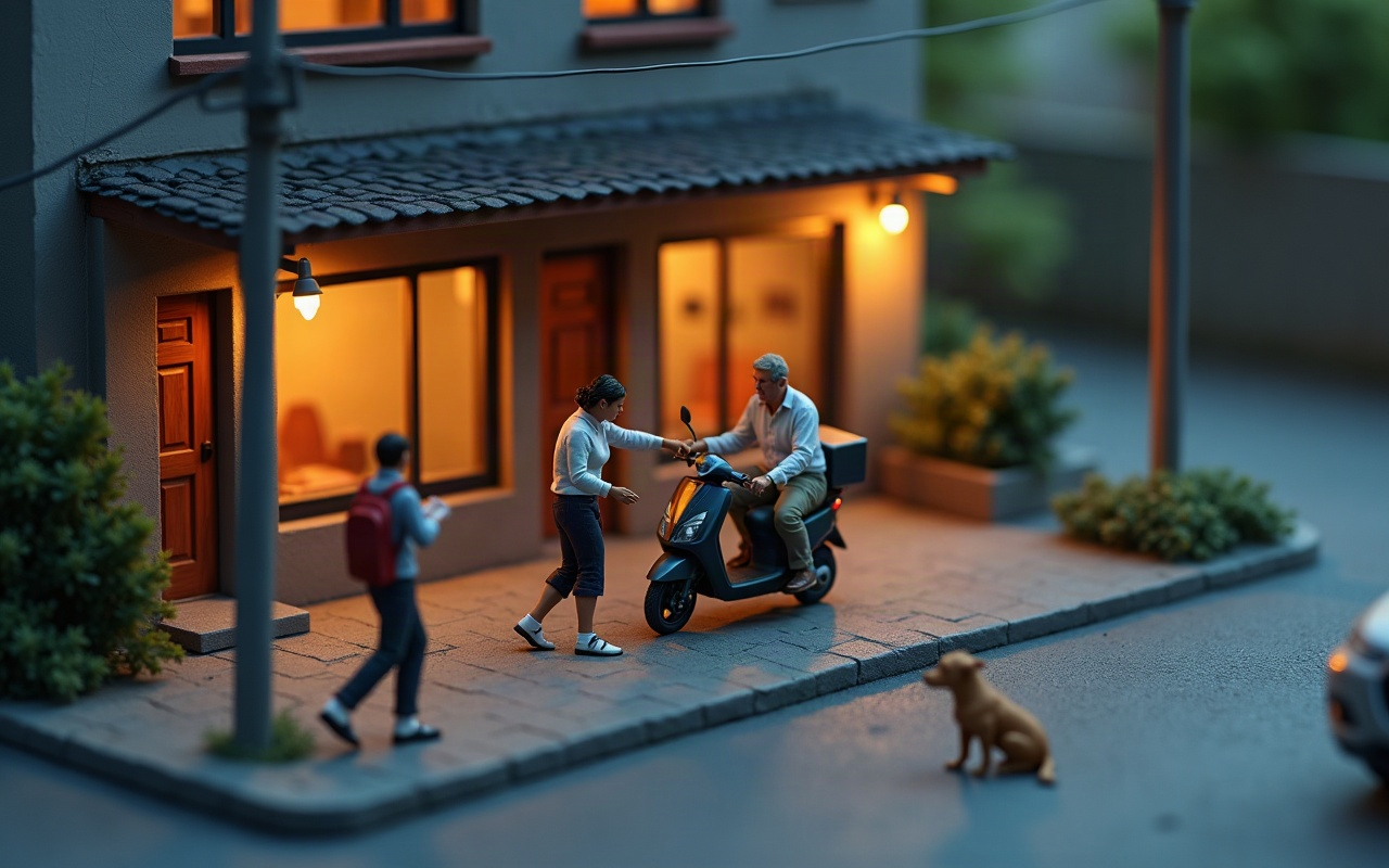 Maquete de uma esquina residencial ao anoitecer: uma mulher entrega uma folha a um entregador de scooter diante de uma casa iluminada, enquanto um homem passa olhando o celular e um cachorro pequeno senta sozinho na rua, sem que ninguém o note