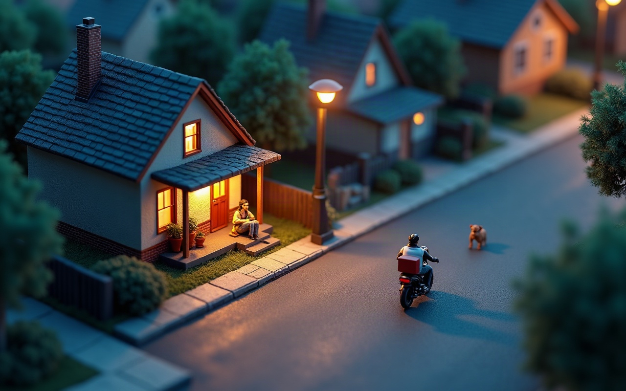 Maquete de uma rua residencial ao anoitecer vista do alto, com uma mulher adulta sentada na varanda de casa olhando o celular, um entregador de moto passando pela rua sem olhar para os lados e um cachorro pequeno sozinho no meio do asfalto