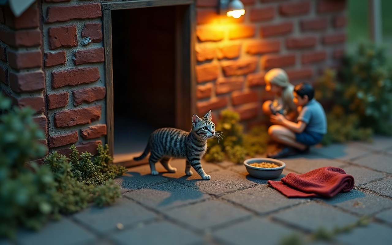 Maquete de um quintal ao anoitecer: uma gata rajada sai de um vão escuro na parede de tijolos e caminha em direção a uma tigela de ração e a uma manta vermelha no chão, enquanto duas pessoas observam agachadas ao fundo, junto à parede