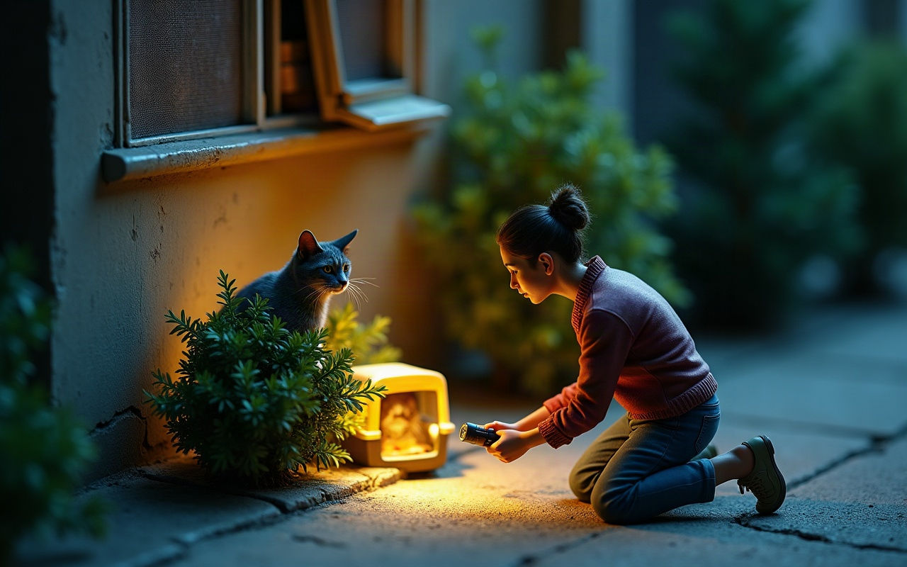 Maquete de uma calçada à noite, junto à parede de um prédio com uma janela telada aberta logo acima: uma tutora ajoelhada aponta a lanterna para uma moita, com a caixa de transporte aberta ao lado, e um gato cinza assustado aparece escondido atrás da planta