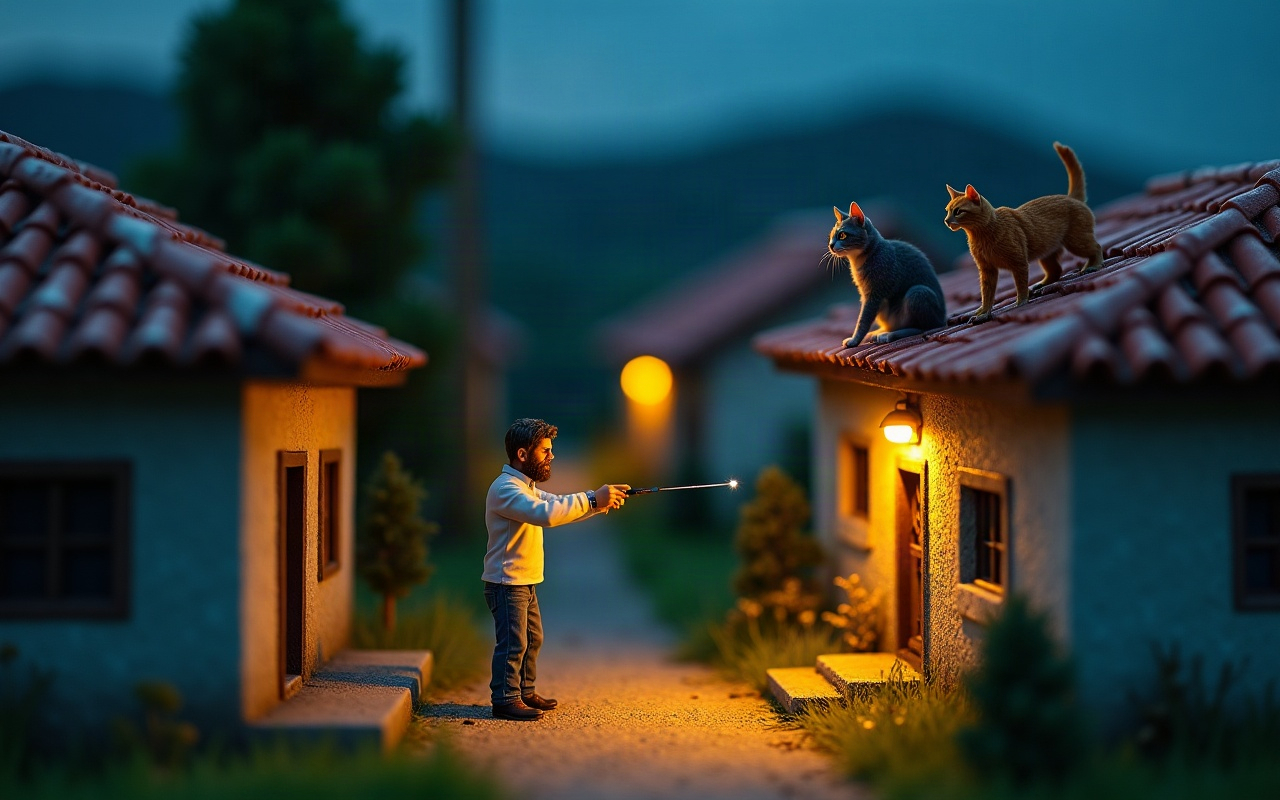 Maquete de um homem de barba numa viela ao anoitecer, apontando a lanterna para o telhado de uma casa vizinha, onde um gato laranja se aproxima de uma gata cinza