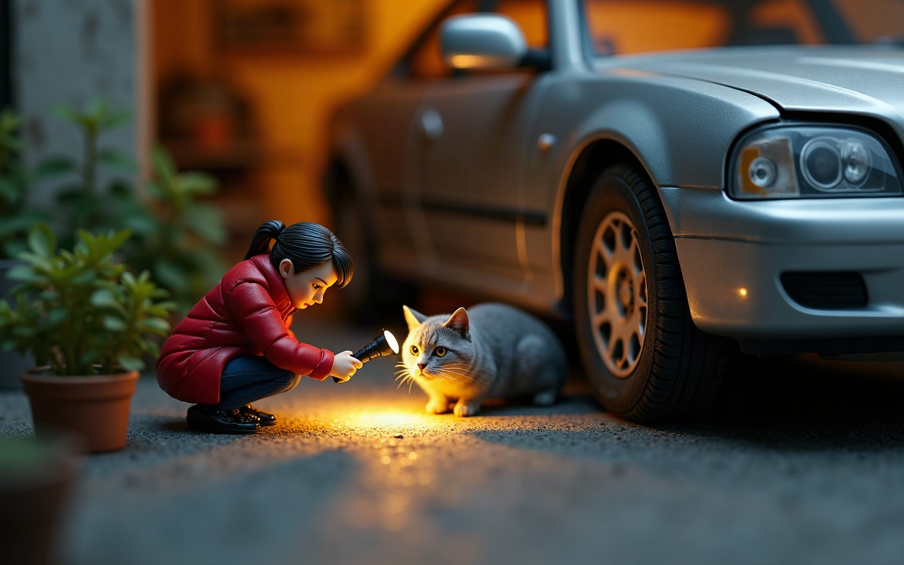 Maquete de uma mulher de jaqueta vermelha agachada ao lado da roda dianteira de um carro prata, iluminando com uma lanterna um gato cinza que olha para a luz