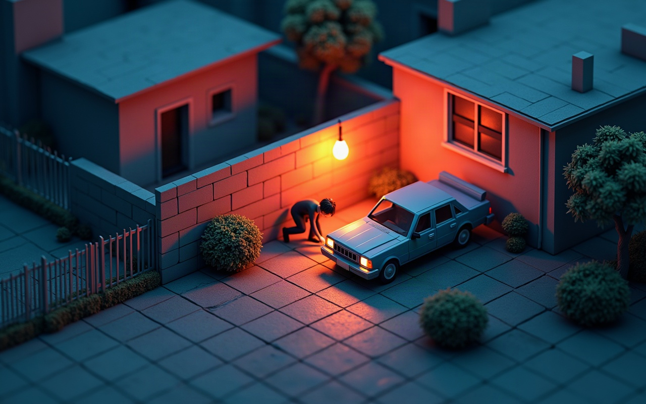 Ilustração isométrica de um quintal à noite, com uma pessoa agachada usando lanterna para procurar embaixo de um carro estacionado