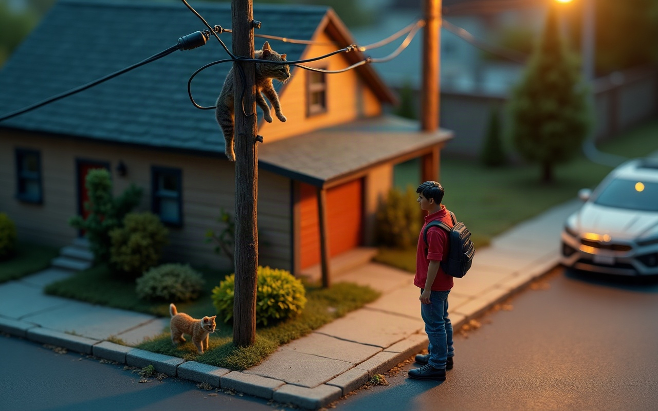 Ilustração isométrica de uma rua residencial ao entardecer, com um gato agarrado no alto de um poste de energia emaranhado em fios, um segundo gato observando do chão, enquanto um tutor fica parado na calçada a uma distância segura, sem se aproximar da base do poste