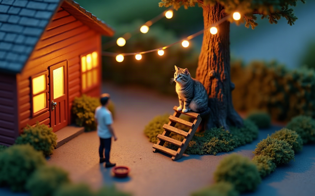Ilustração isométrica de um quintal com luzes de varal ao entardecer: um gato malhado sentado no alto de uma escada de madeira encostada no tronco de uma árvore, com um potinho de comida no chão, enquanto um tutor observa parado a uma certa distância, sem se aproximar