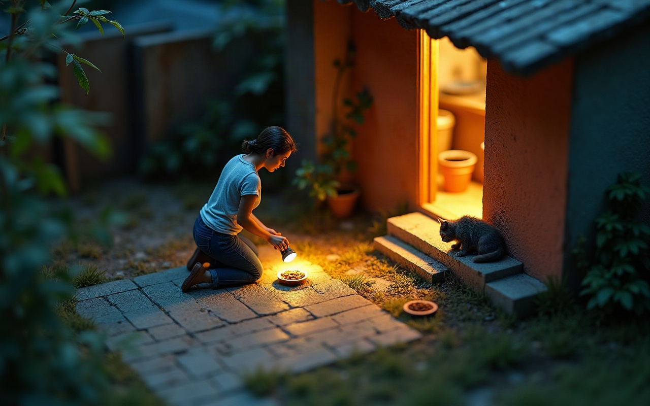 Tutora ajoelhada no quintal ao anoitecer, com uma lanterna e um pote de comida no chão, e um gato cinza encolhido no degrau ao lado da porta dos fundos, a poucos passos dela