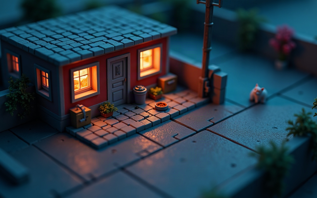 Ilustração isométrica de uma casa com as janelas acesas à noite, um pote de ração deixado na calçada em frente à porta e um gato parado a distância, do outro lado da rua vazia