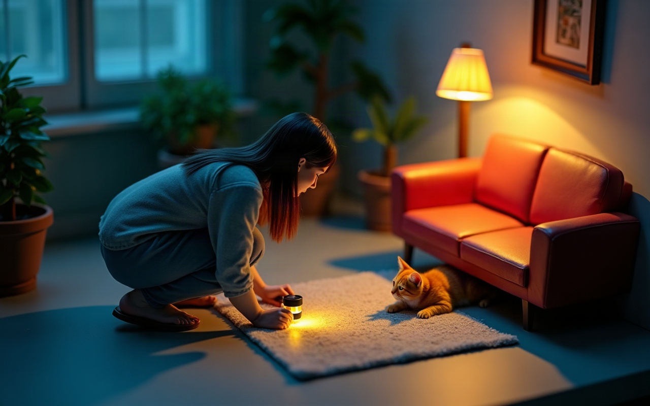 Diorama isométrico de sala de estar à noite com mulher adulta de cabelos escuros ajoelhada no chão segurando lanterna rente ao tapete, e gato alaranjado saindo de baixo de sofá vermelho com o rosto voltado para a luz