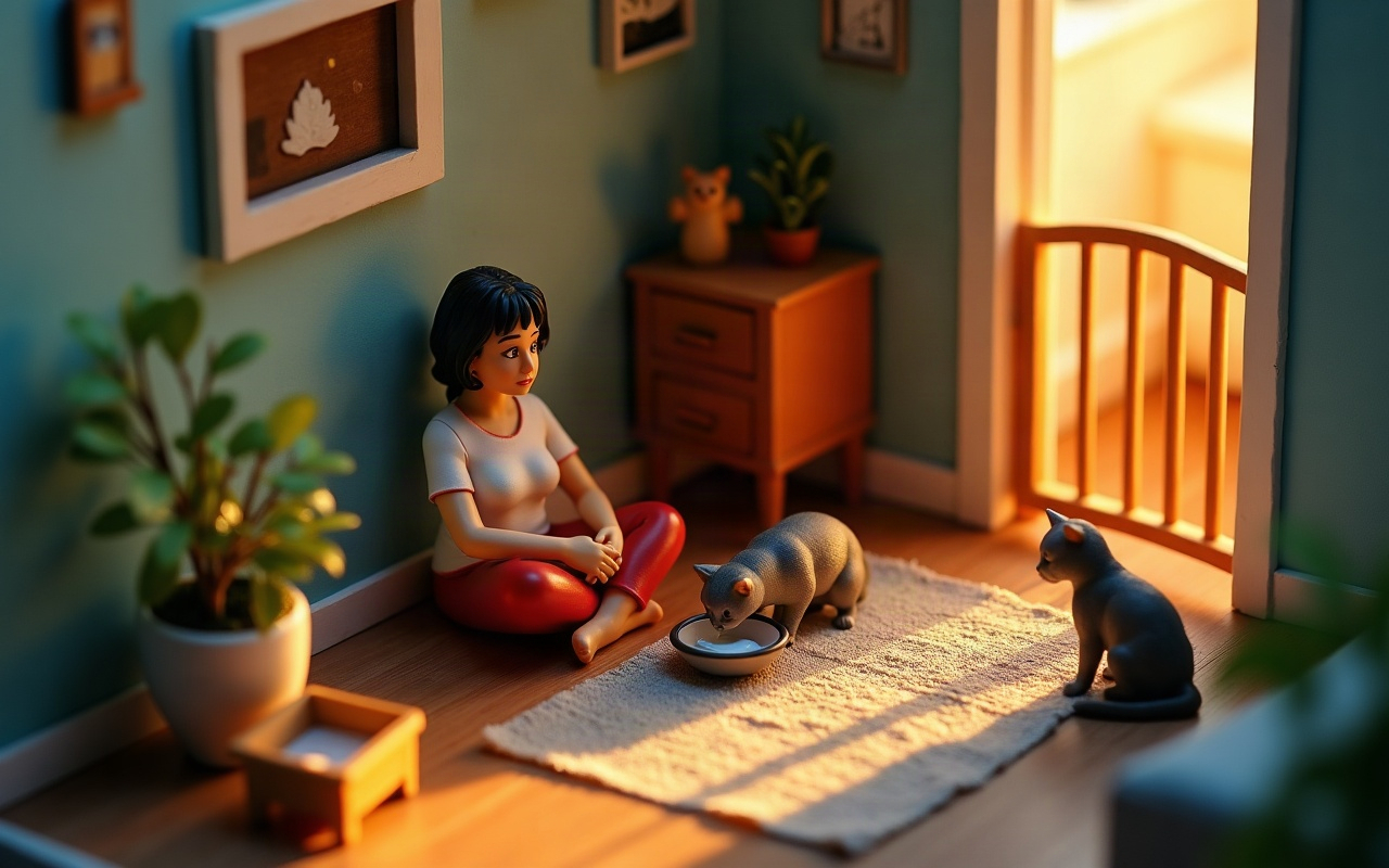 Maquete de uma mulher adulta sentada no chão de um quarto calmo, com as mãos no colo, olhando um gato cinza que come de uma tigela sobre um tapete, enquanto um segundo gato cinza escuro observa de perto de uma porta com portão de grade de madeira