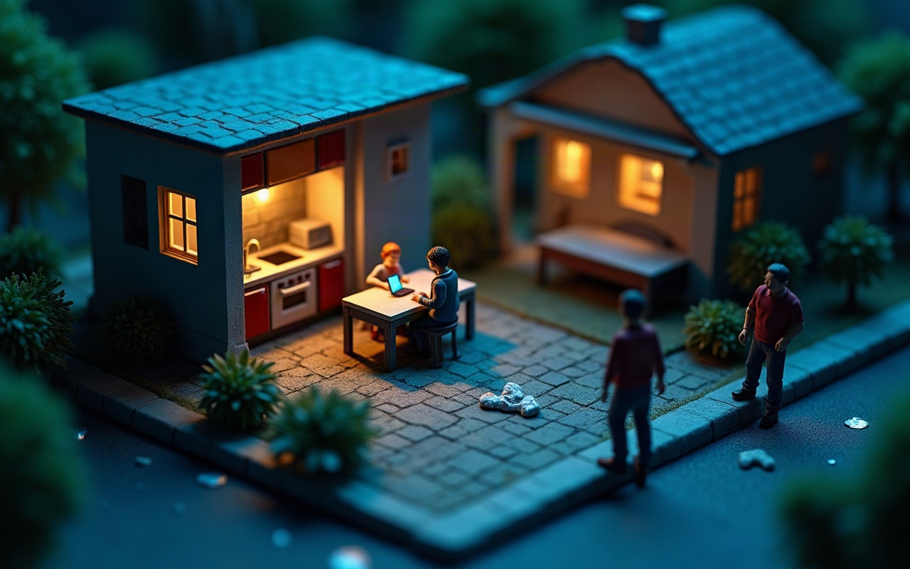 Maquete isométrica noturna com adultos dentro de uma cozinha iluminada pela tela azul de um celular, enquanto dois adultos procuram algo na rua escura do lado de fora da casa