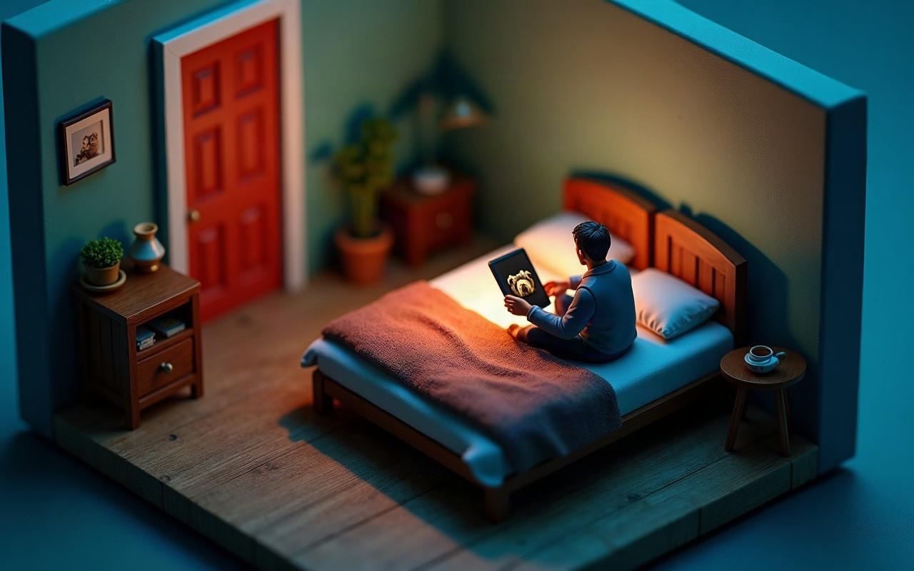 Maquete de um quarto à noite vista de cima, com um homem adulto sentado sozinho na beirada da cama olhando a foto de um cachorro na tela acesa do celular, e um porta-retrato do mesmo animal pendurado na parede