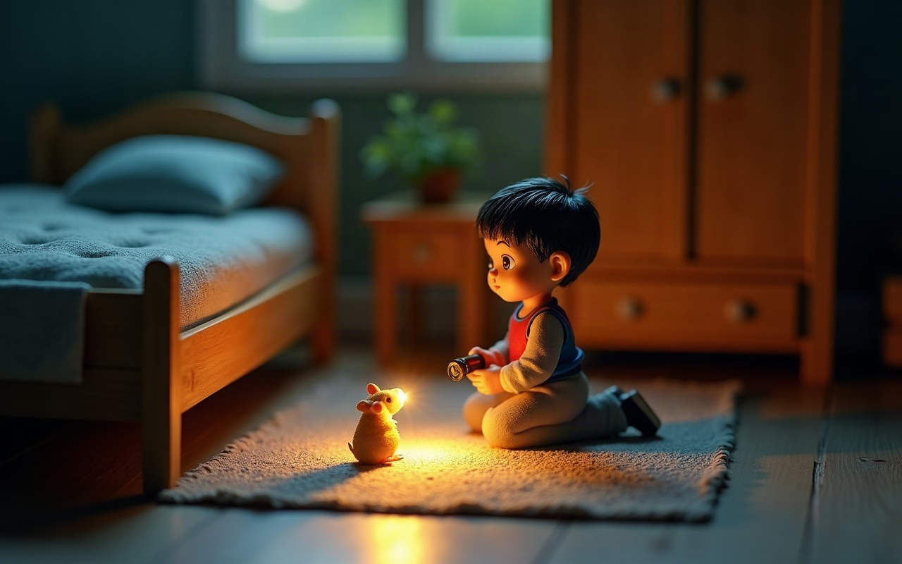 Criança sentada no tapete de um quarto escuro segurando uma pequena lanterna, com um hamster dourado iluminado à sua frente no chão, guarda-roupa de madeira ao fundo