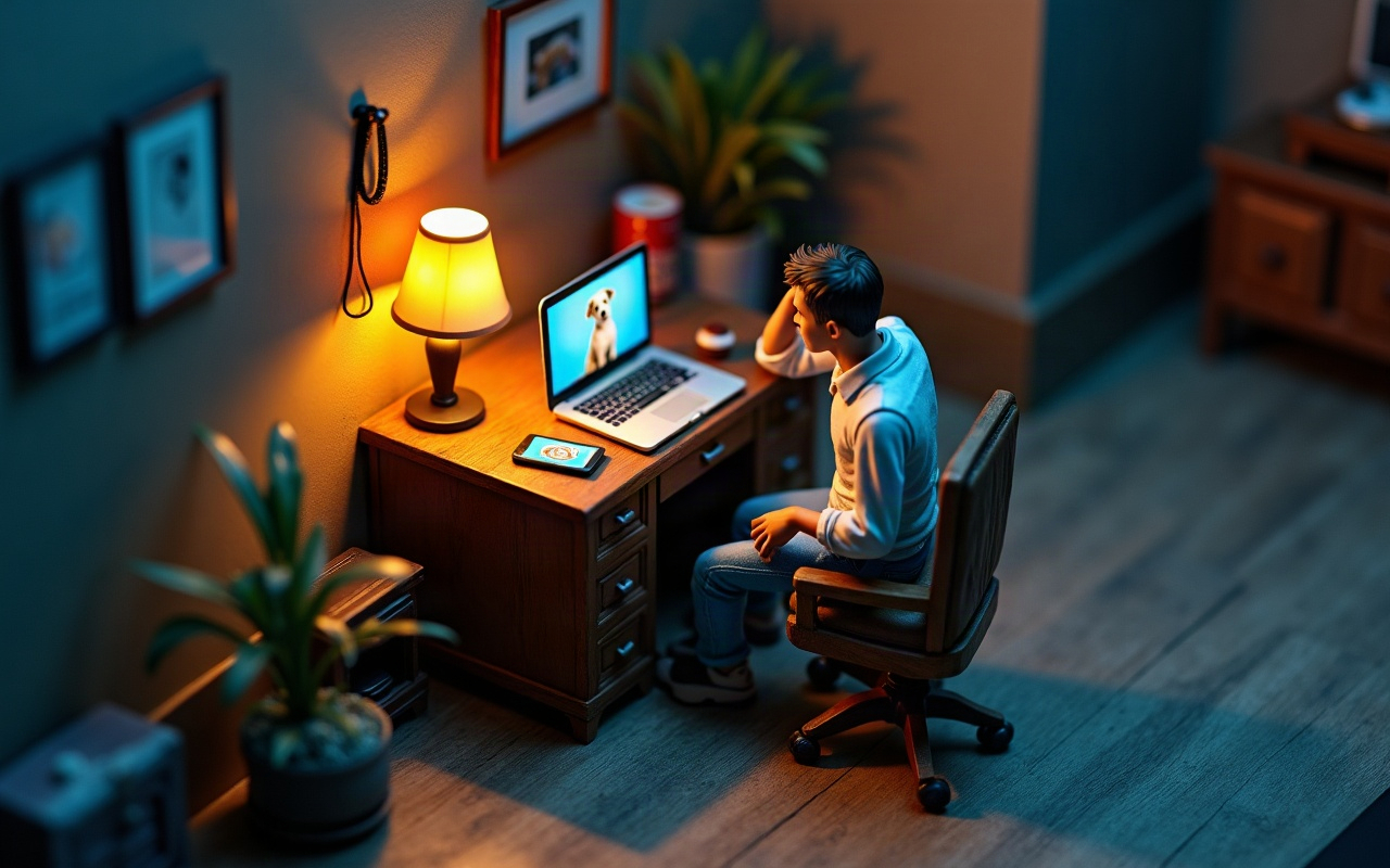 Maquete isométrica de uma pessoa adulta sentada à mesa à noite, com a mão na cabeça e ar aflito, olhando o notebook que mostra a foto de um cachorro, o celular sobre a mesa e uma guia pendurada na parede