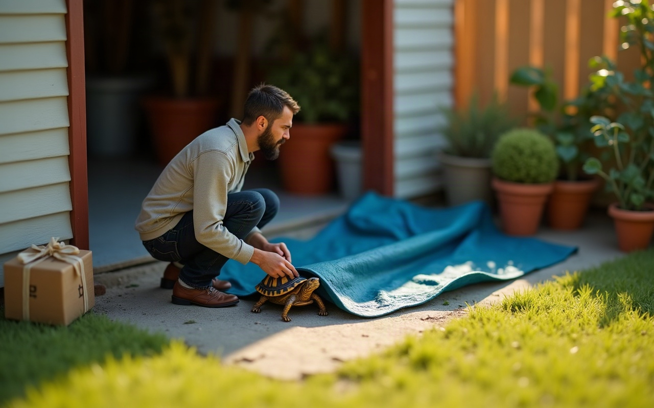Maquete de um homem agachado na porta de uma garagem, com a mão sobre um jabuti que estava escondido embaixo de uma lona azul dobrada no chão, sob o sol da manhã