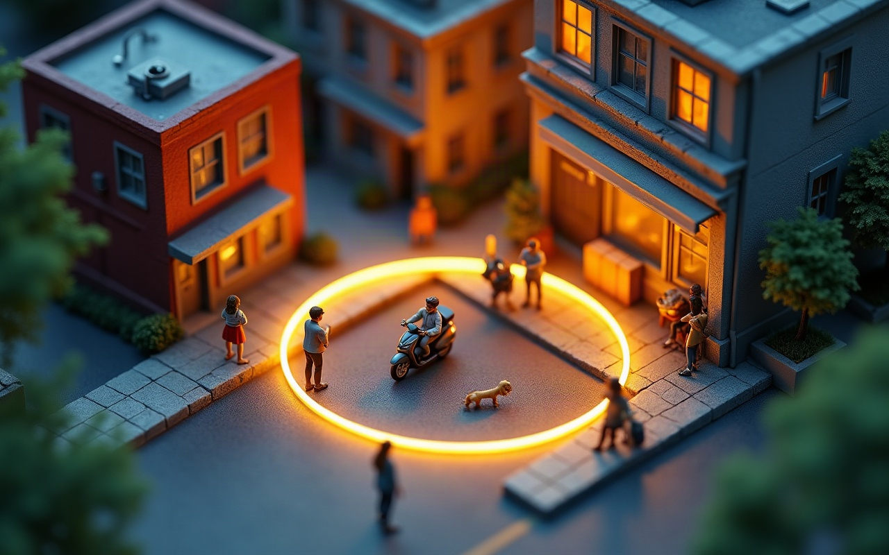Maquete de um quarteirão ao entardecer com um círculo luminoso no chão, e dentro dele um entregador de scooter e pessoas olhando o celular enquanto um cachorro pequeno passa sozinho, e uma mulher fora do círculo olhando ao redor com aflição