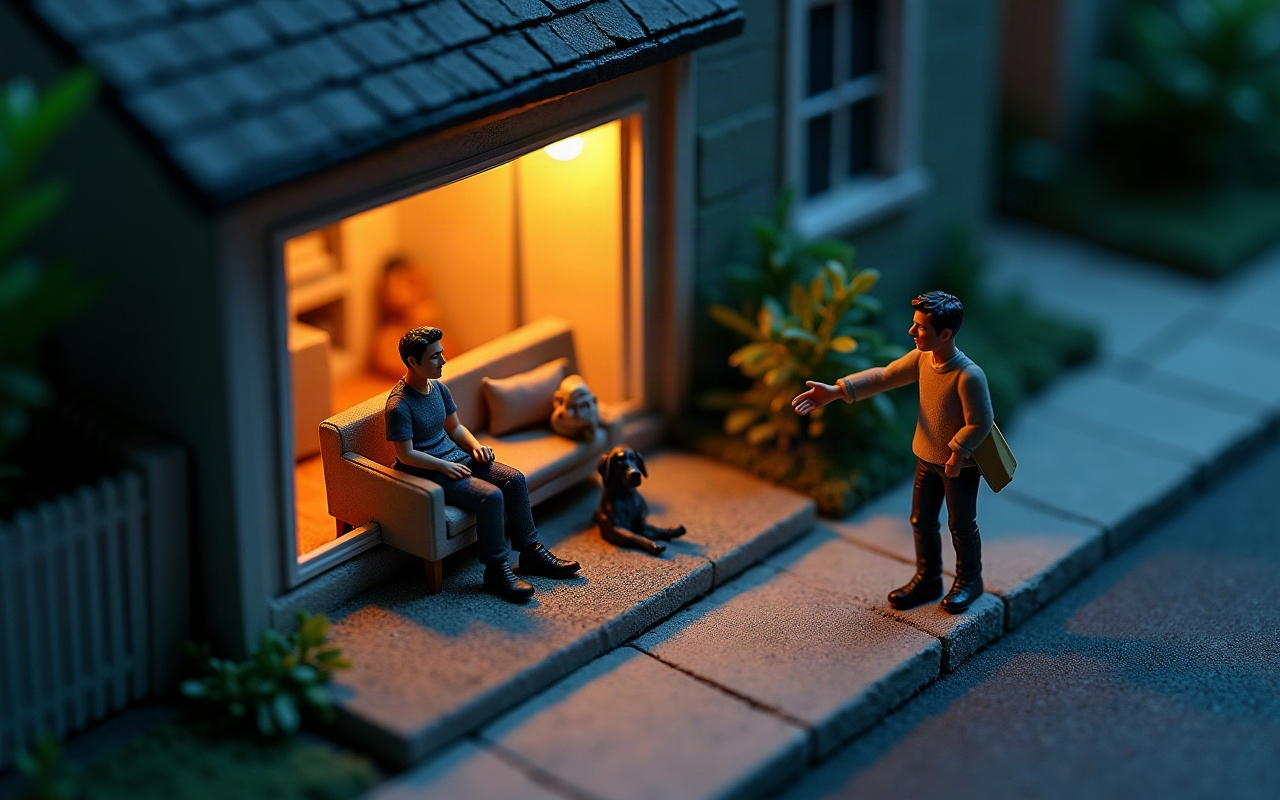 Maquete isométrica de uma casa ao anoitecer com a sala acesa e aberta para a rua, um cachorro deitado no chão ao lado de um homem adulto sentado no sofá, enquanto outro adulto está parado sozinho na calçada escura do lado de fora, com uma pasta fechada na mão e a outra mão estendida em direção à sala