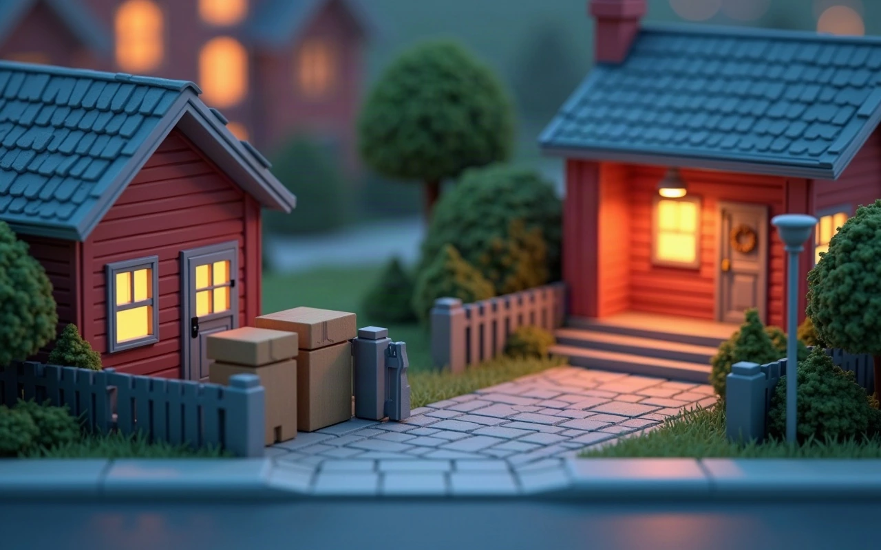 Ilustração isométrica de duas casas vizinhas com as janelas acesas ao anoitecer, caixas de mudança fechadas empilhadas na calçada entre elas e a rua vazia em primeiro plano
