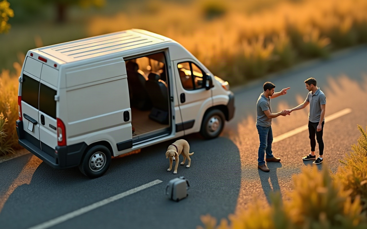 Cena em miniatura vista de cima numa parada de estrada ao entardecer: uma van branca com a porta lateral aberta, uma bolsa de transporte vazia no asfalto, um cachorro de pelo claro com coleira parado perto dela e dois homens adultos conversando, um deles apontando para o lado