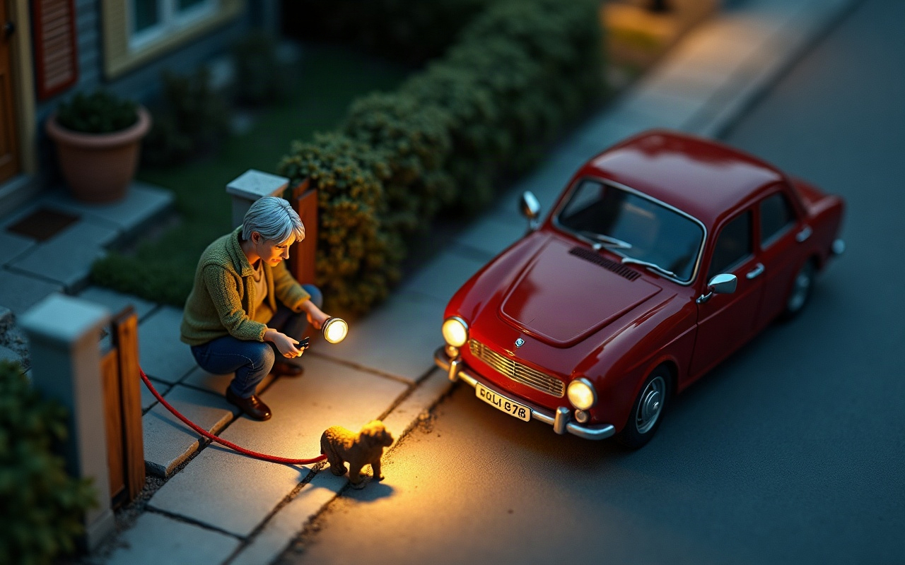 Maquete isométrica de uma rua residencial ao anoitecer: uma mulher adulta de cabelo grisalho, agachada na calçada diante do portão aberto de uma casa, aponta uma lanterna para um cachorro pequeno parado ao lado de um carro vermelho estacionado, com uma guia vermelha estendida pelo chão