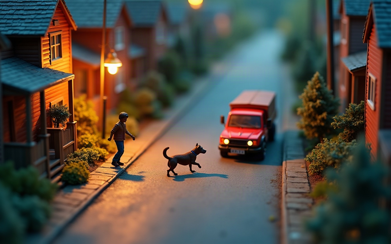 Maquete isométrica de uma rua residencial ao anoitecer: um cachorro marrom corre pelo meio da rua, um adulto vem atrás dele pela calçada e uma caminhonete vermelha de faróis acesos está parada mais à frente